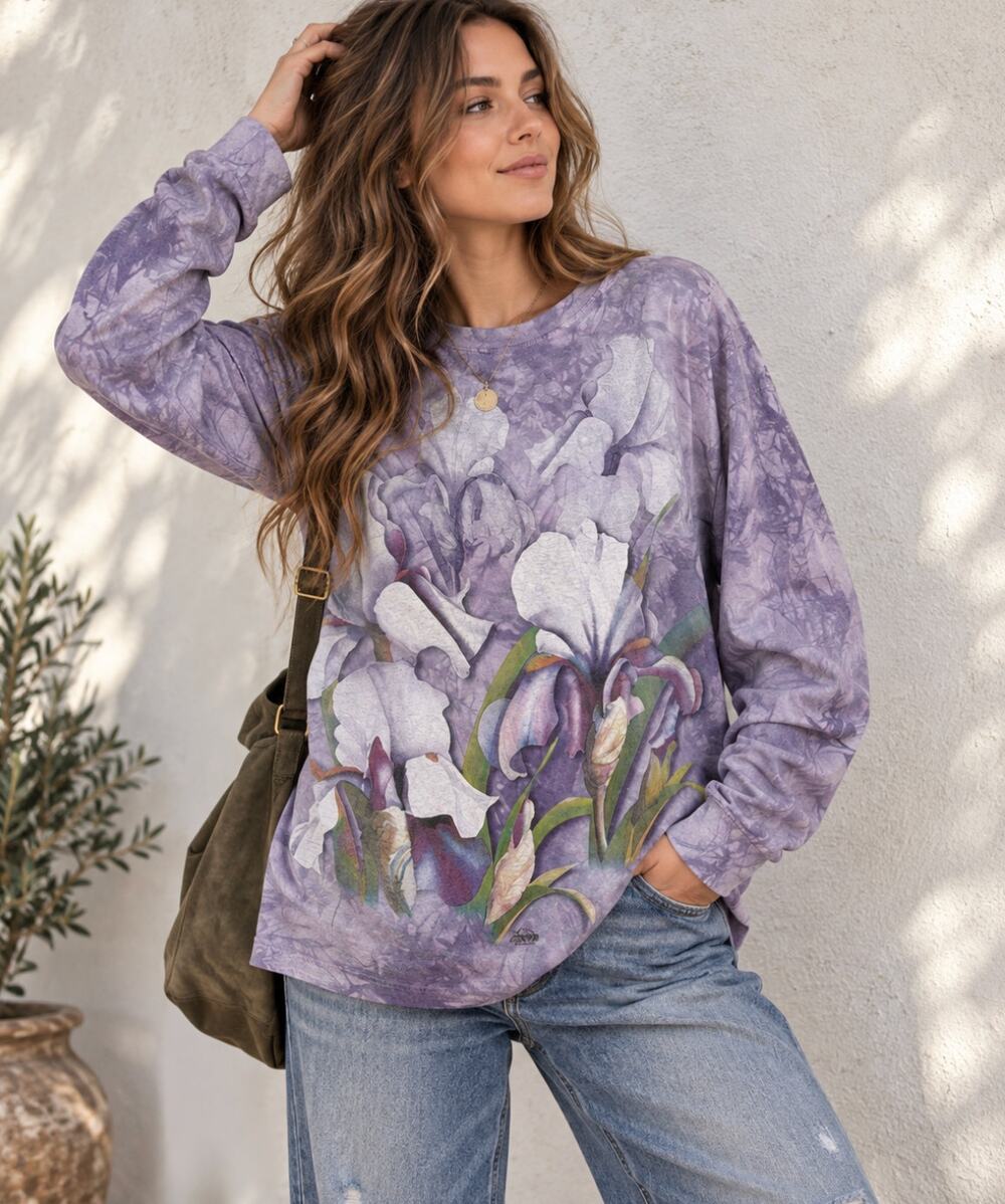 The Mountain Iris Flower Shirt M Purple Tie Dye Long Sleeve Y2K Art to Wear